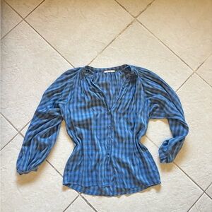 Fitted Blue and Black Ruched Blouse